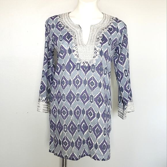 Roberta Roller Rabbit blue ikat silver embellished cotton tunic S - Picture 1 of 12